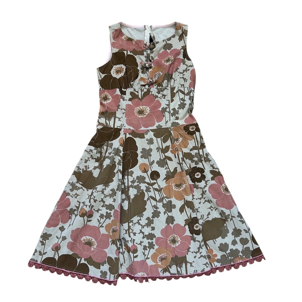 Vintage Retro Floral Corduroy Sleeveless‎ swing Dress Pink Brown Crochet Trim